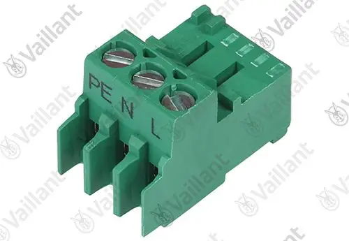 Vaillant Steckverbinder in Grün mit Anschlüssen für PE, N und L, geeignet für elektrische Verbindungen in Heizungsgeräten oder ähnlichem.